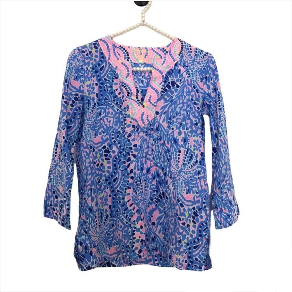 Lilly Pulitzer Amelia Island Tunic Blouse Multi Tic Tac Toe Tile Print Size XXS